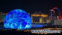 The MSG Sphere illuminates the Las Vegas skyline with a display to celebrate Independence Day as the Exosphere is fully lit up for the first time, as seen from the Metropolis, on Tuesday, July 4, 2023. (L.E. Baskow/Las Vegas Review-Journal)