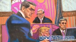 In this court sketch, attorney Todd Blanche, left, questions Michael Cohen, right, as Judge Juan Merchan and former President Donald Trump listen at Manhattan Criminal Court on May 16, 2024 in New York City.