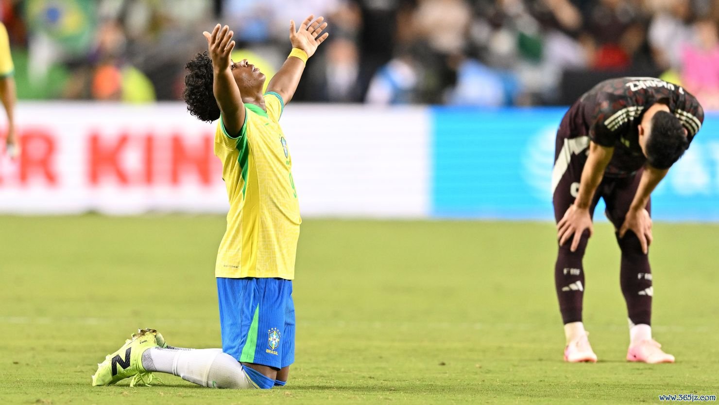 Endrick celebrates after scoring against Mexico.